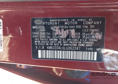 2020 Hyundai Tucson Sel z USA, uszkodzony, nr VIN KM8J33AL6LU262247